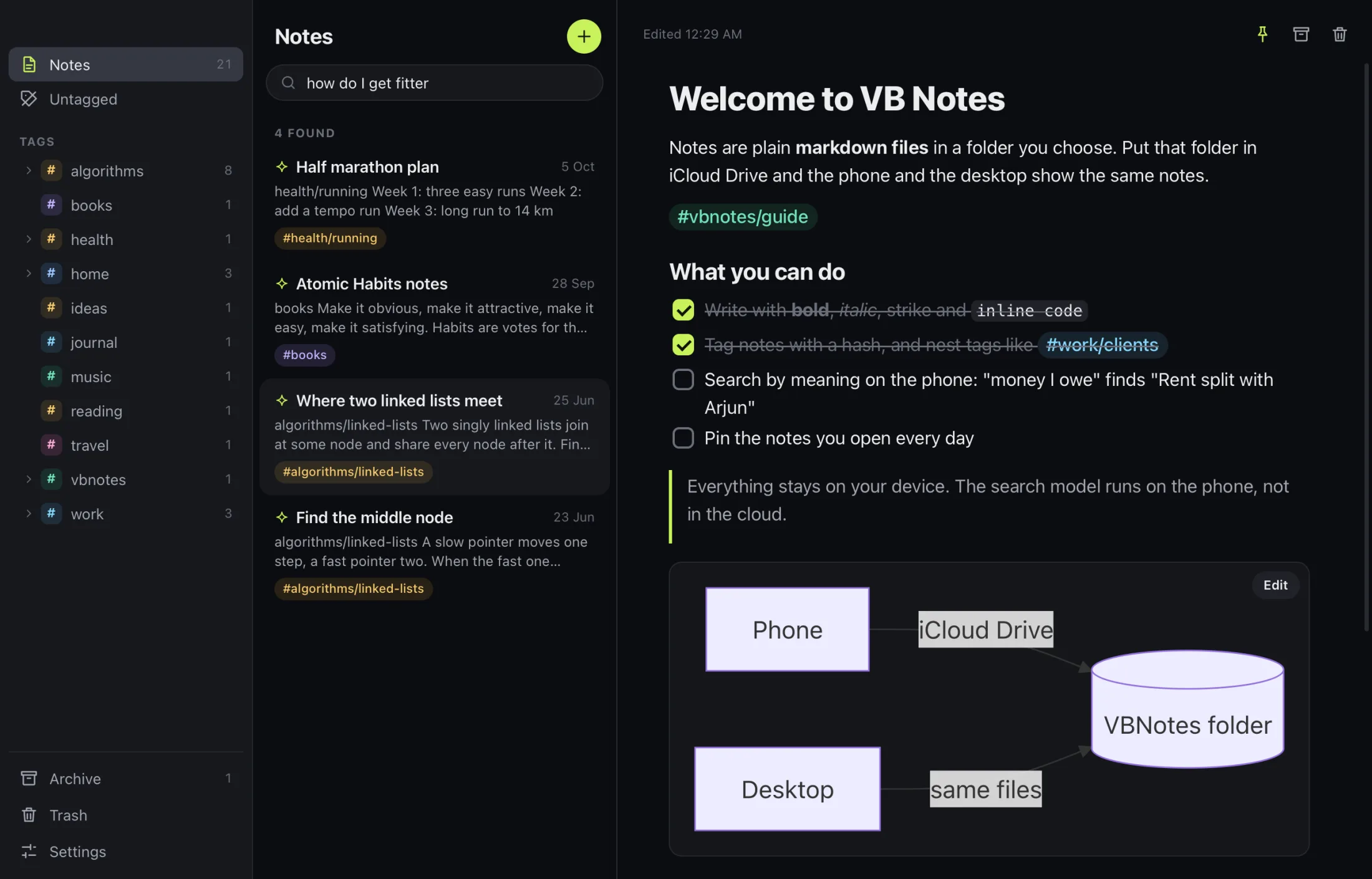 The desktop app in the dark theme, listing notes found by meaning